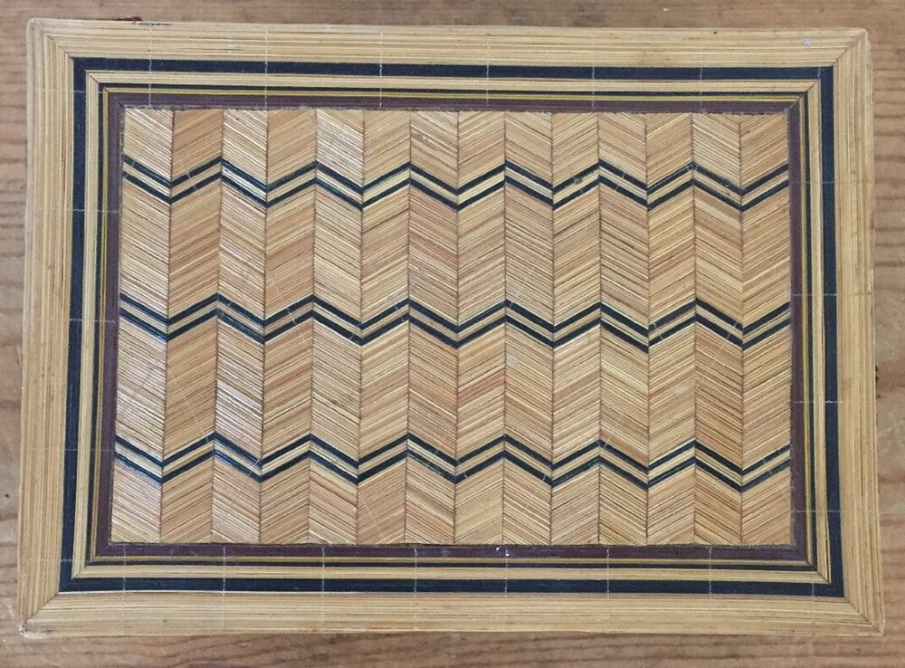 Vintage Primitive Style Chevron Herringbone Straw Grass Velvet Lined Jewelry Box